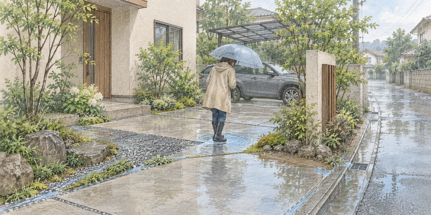 雨の日に、家のまわりを一周して足元の水を見る