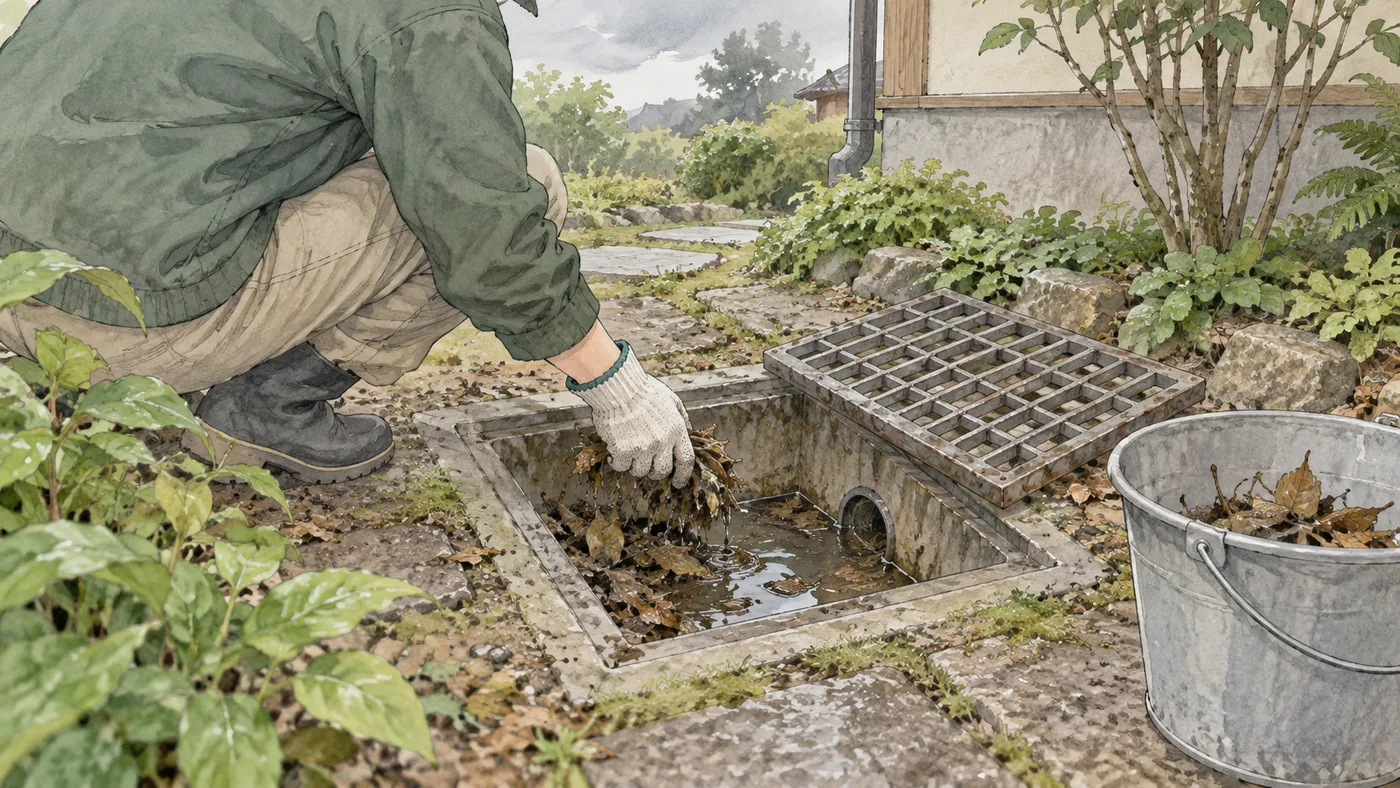雨水枡のふたを開けて、落ち葉と泥を取り除く