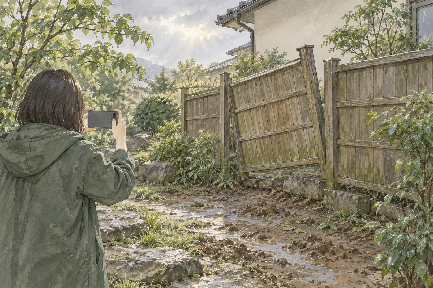片付ける前に、傾いたフェンスを写真に残す